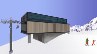 Futuristic mountain lodge with ski lift and skiers.