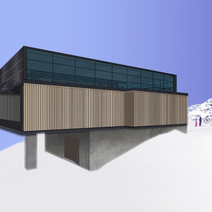 Futuristische Berghütte mit Skilift und Skifahrern.