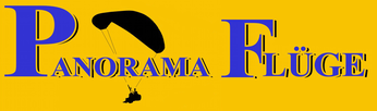 Logo for Panorama Flüge featuring a paraglider on a yellow background.