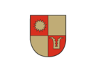 Ein Wappen in Rot und Gold mit einer Sonne und einem Blatt-Motiv.