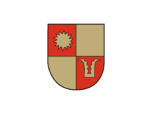 Coat of Arms with Sun and Leaf Design A coat of arms in red and gold featuring a sun and leaf motif.