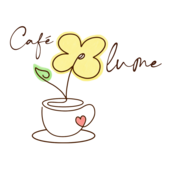 A simple, colorful logo for a café featuring a flower in a cup.