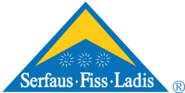 The logo features a blue mountain with a yellow peak and three suns. Inscription: Serfaus, Fiss, Ladis.