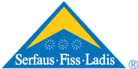 Das Logo zeigt einen blauen Berg mit gelber Spitze und drei Sonnen. Schriftzug: Serfaus, Fiss, Ladis.