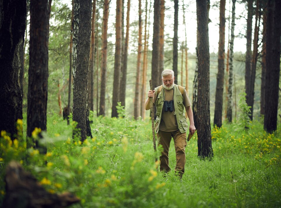 An older man with binoculars, walking in nature surrounded by trees and flowers.