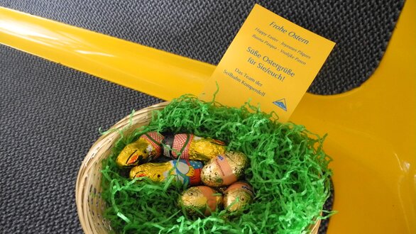 Ein Korb mit Schokoladeneiern und einer Osterkarte.