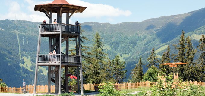 Wooden tower overlooking the Alpine landscape with visitors.